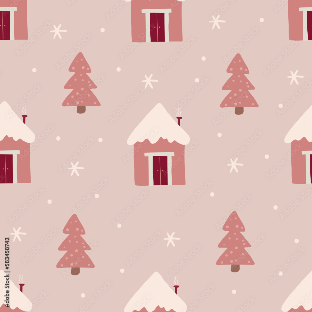 Christmas seamless pattern with fir trees, snowflakes, and houses on pink background. Scandinavian style. Perfect for winter holidays, Xmas wallpaper, wrapping paper, and fabric. Vector illustration. 