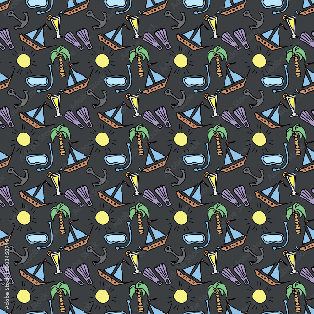 Obraz premium Summer seamless pattern. travel background. Travel vacation set of icons, journey and trip background. Doodle summer travel icons. Vacation vector pattern with travel icons