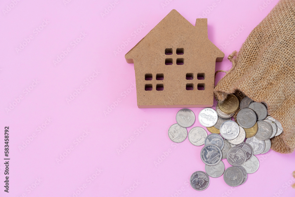 Small house and money coin on pastel pink background