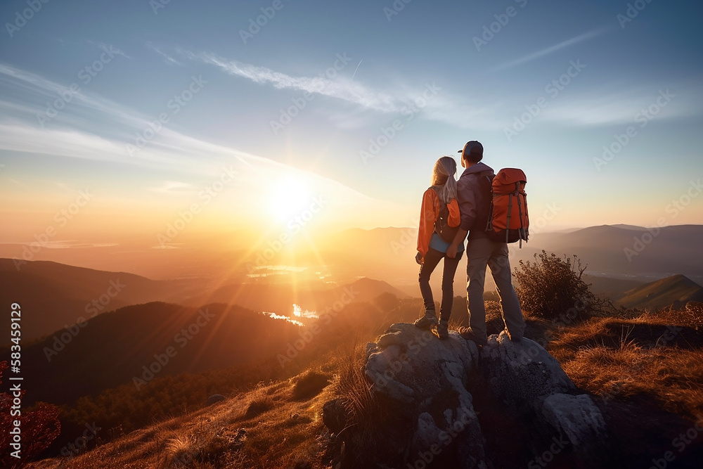 A pair of man and woman friends standing on top of a mountain together on a hike with backpacks in the sunset sunlight, a view of the beautiful scenery from above, a family hike. Generative AI. - obrazy, fototapety, plakaty 