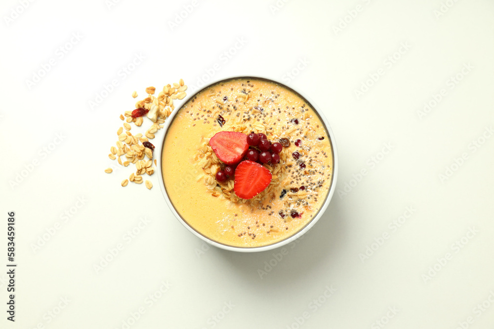 Concept of delicious food with smoothie with different ingredients, top view Concept of delicious food with smoothie with different ingredients, top view