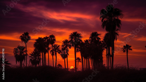 Silhouettes of palm trees during sunset. Orange purple sky.