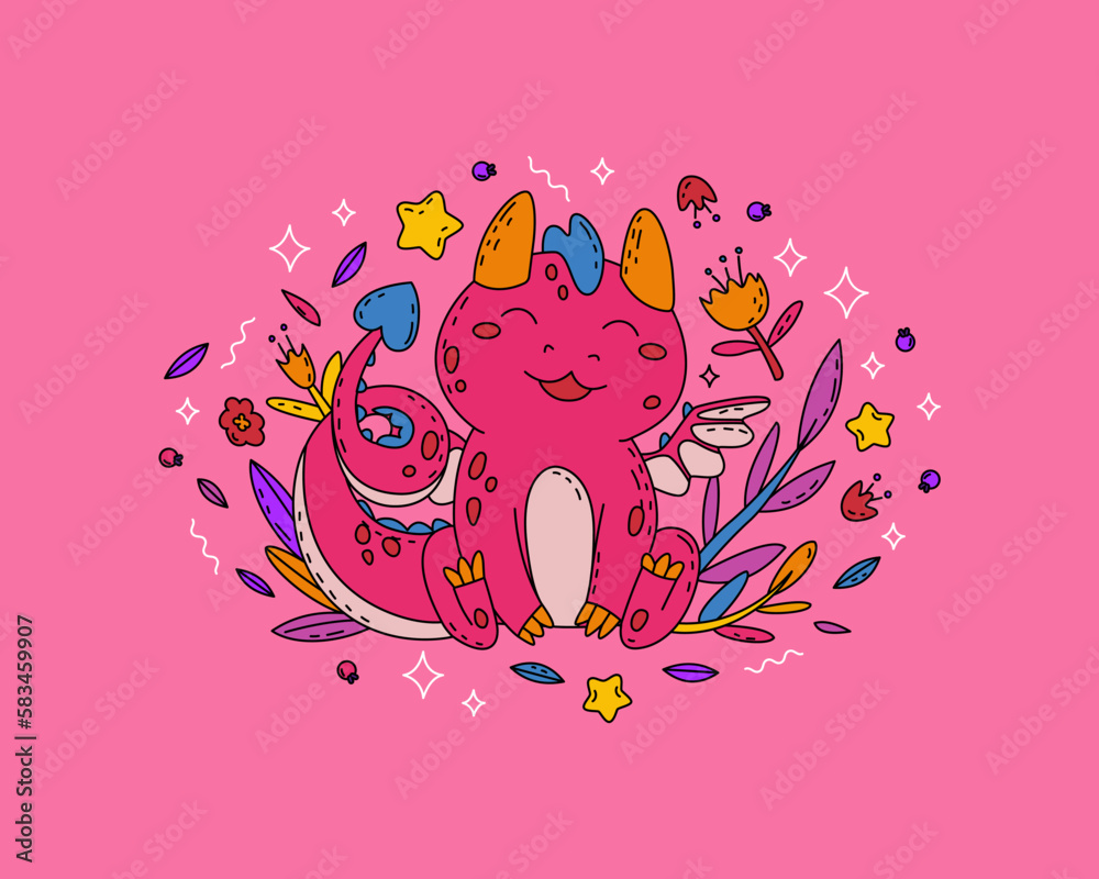 Oval composition with decorative natural elements and the symbol of the Chinese New Year 2024 - the dragon. A cute character for designing children's clothing, printing and interior items. Vector Oval composition with decorative natural elements and the symbol of the Chinese New Year 2024 - the dragon. A cute character for designing children's clothing, printing and interior items. Vector