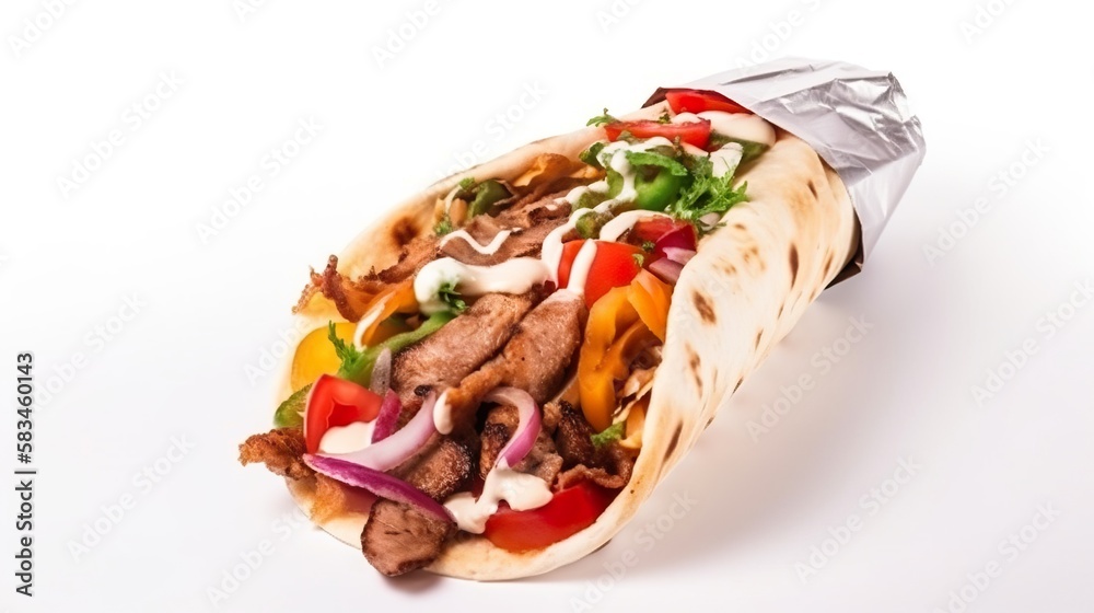 Generative AI food photo of Shawarma. Grilled meat wrapped in pita bread with cabbage, fresh cucumber, onion, garlic sauce and spices. A template for a flyer for a diner, grill bar or food delivery. Generative AI food photo of Shawarma. Grilled meat wrapped in pita bread with cabbage, fresh cucumber, onion, garlic sauce and spices. A template for a flyer for a diner, grill bar or food delivery.
