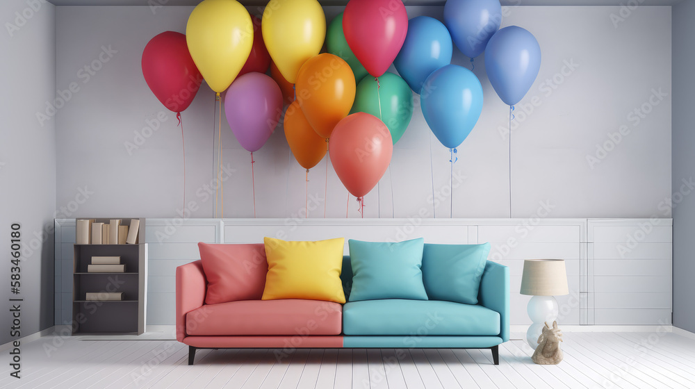 Wie Viele Luftballons Passen In Ein Zimmer Zimmer mit Sofa und vielen bunten Luftballons, Generative AI Stock