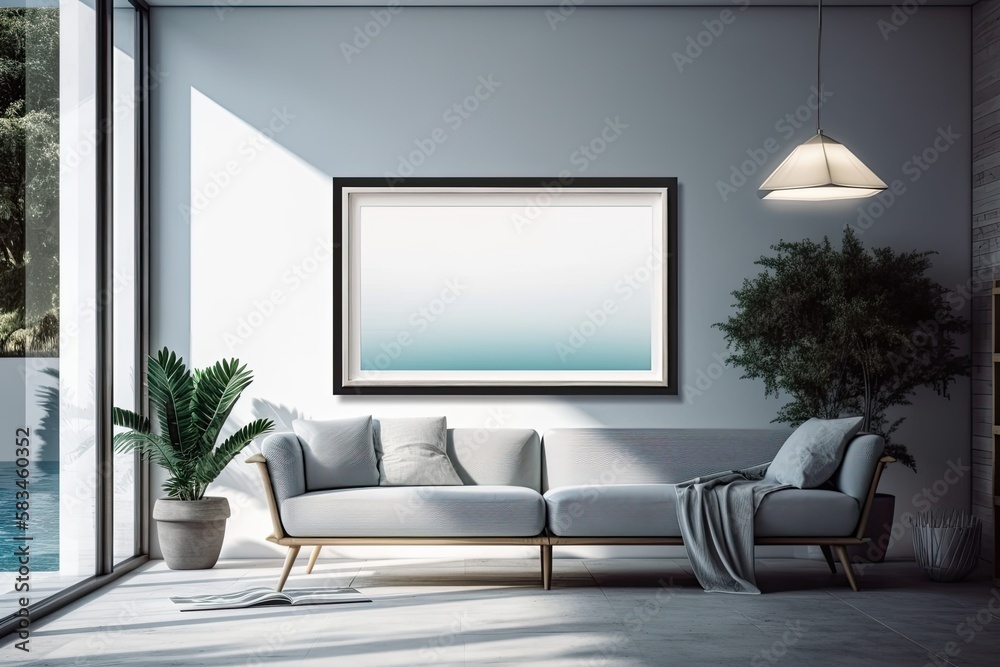 mock up blank picture frame in the living room of a pool villa, interior design, with cozy furnishings and a plant. Generative AI mock up blank picture frame in the living room of a pool villa, interior design, with cozy furnishings and a plant. Generative AI