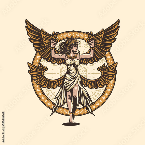 A dancing egyptian goddess woman with wings and a winged figure
