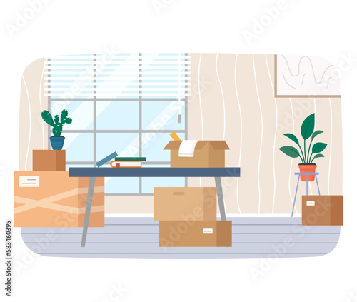 Room with packed cardboard boxes with personal stuff, plants, home decoration and furniture. Relocation concept. Flat vector belongings in packages. People moving into new family home or office