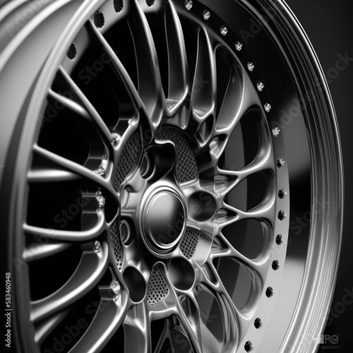 aluminium rim of sport car wheel. Detail background gray black cylinder disc valve cap chrome steel spoke close up tire metal shine bright Generative AI 
