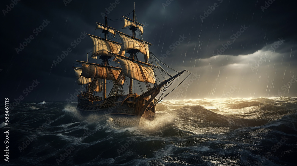 wooden pirate ship in a storm rough sea created with generative ai