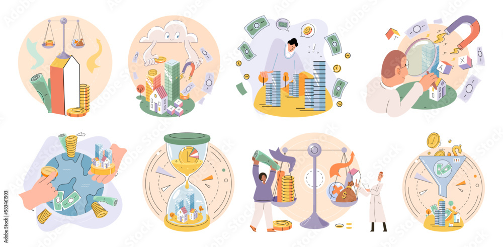 International investment company, money bills and coins fly around world. Global economy financial system vector set. Loan of money made by investor for purpose of earning interest. World cash flows