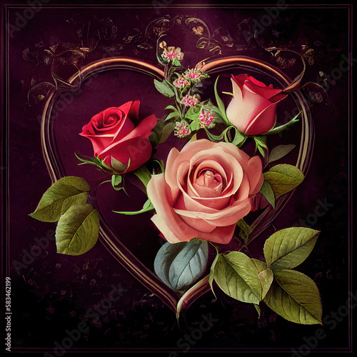 Rose heart decoration Generative AI Valentines day card purple background with golden heart outline red and pink roses in front beautiful composition photorealistic roses drawing with golden ornaments