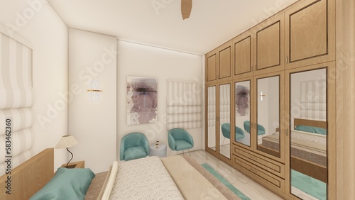 Realistic bedroom perspective 3d rendering