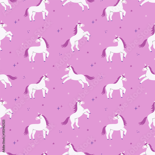 Cute cartoon colorful seamless pattern with unicorns and stars on pastel background. Perfect for kids textile  wallpaper  wrapping paper etc. Vector illustration