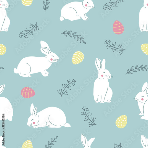 Easter cute seamless pattern with cute white rabbits and Easter eggs. Vector illustration.