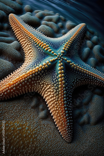 Close-up portrait of a starfish laying on a rocky beach. Generative AI