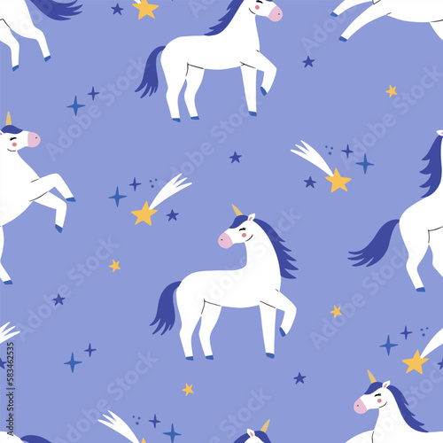 Cute cartoon colorful seamless pattern with unicorns and stars on pastel background. Perfect for kids textile  wallpaper  wrapping paper etc. Vector illustration