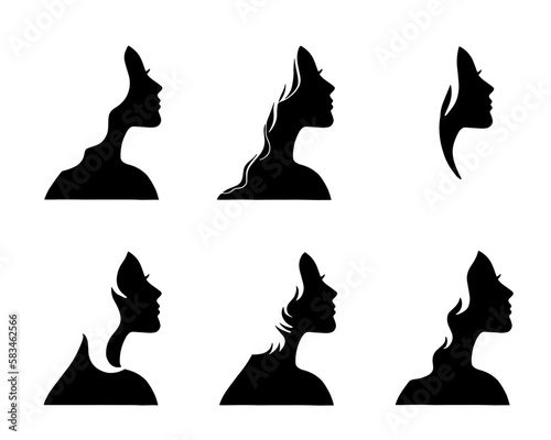 Portrait of beautiful women with a white hairstyle, female profile set, isolated silhouette. Vector illustration