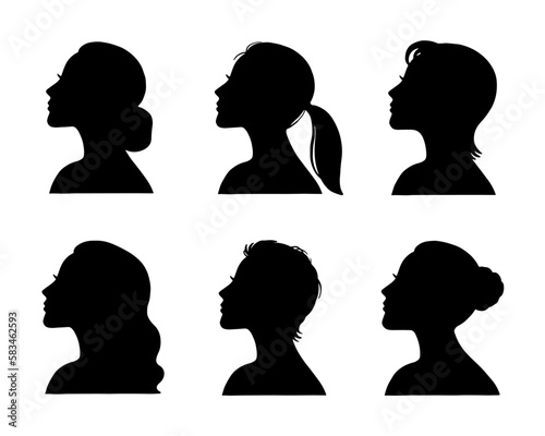 Female's elegant silhouettes with different hairstyles. Beautiful women's head in profile. Vector illustration
