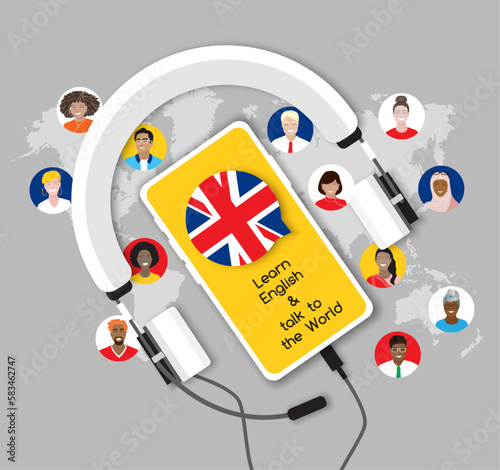 Learn English online with a smart phone and headphones. Study, education of foreign language lesson. internet learning course, school. International group of diverse people. Vector banner, poster