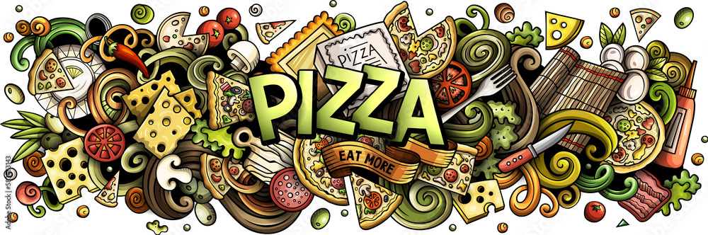 Fototapeta premium Pizza detailed lettering cartoon illustration
