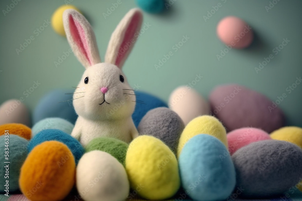 cute easter bunny with colorful wool felted eggs, generative AI