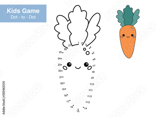 Number puzzle game. Dot to dot. Cute kawaii carrot. Healthy food. Cartoon vegetable. Educational worksheet. Printable activity page for children. Connect the dots and color. Vector illustration.