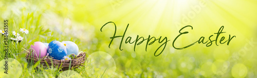 Happy Easter Banner -  Nest with Easter eggs in grass on a sunny spring day - Easter decoration, banner, panorama, background
