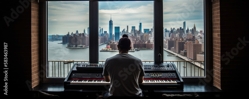 Man playing piano in New York City with view on Manhattan skyscrapers, Generative AI © LAYHONG