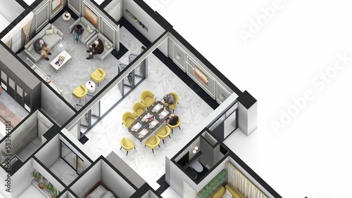 Family apartment living and dining room isometric 3d layout