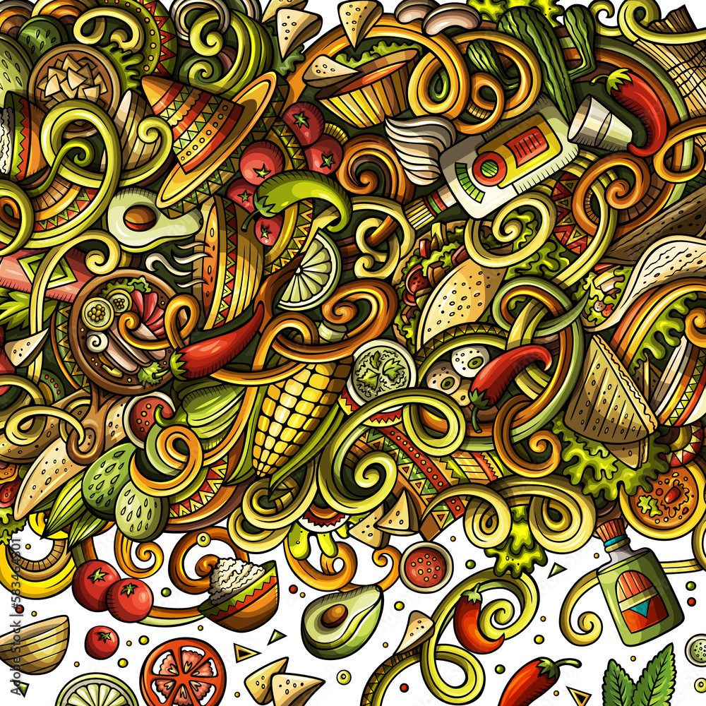 Mexican food detailed cartoon border illustration
