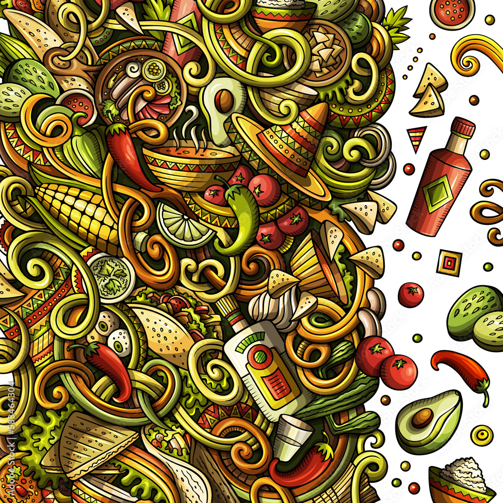 Mexican food detailed cartoon border illustration