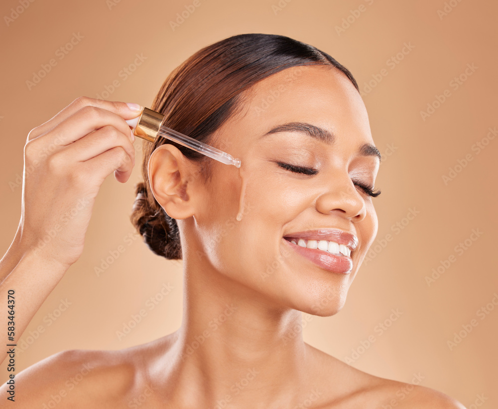 Beauty serum, oil or happy woman in studio on beige background in a facial skincare in grooming spa. Face smile, eyes closed or natural girl with essential oils or glowing luxury self care products Beauty serum, oil or happy woman in studio on beige background in a facial skincare in grooming spa. Face smile, eyes closed or natural girl with essential oils or glowing luxury self care products