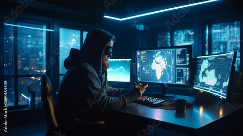 Hacker using computer in dark room with city view at night. Generative AI © LAYHONG