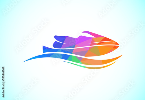 Low poly style seadoo logo, wave logo, ocean logo, Jet ski motor boat, jetski vector logo design template
