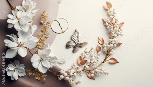 Luxurious Background with Flowers, Leaves and Butterflies. AI-Generated.
