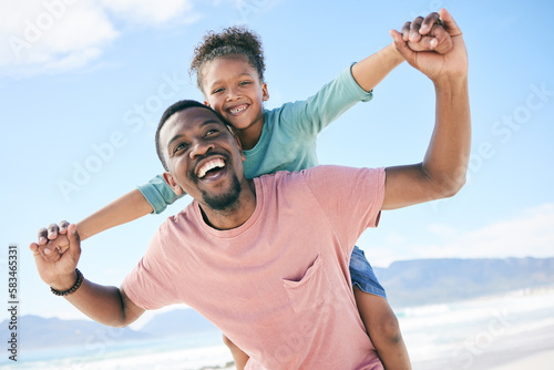 Bild auf Leinwand Beach, black man with child on piggy back and smile on playful family holiday in Australia with freedom and fun