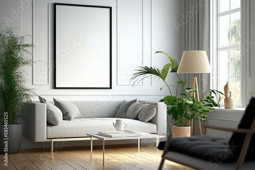 Modern interior design of living room with grey sofa and coffee table. Home interior with wall. Mock-up. Generative ai