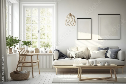 Modern interior design of living room with white sofa and wooden table. Home interior with white wall and window. Mock-up. Generative ai