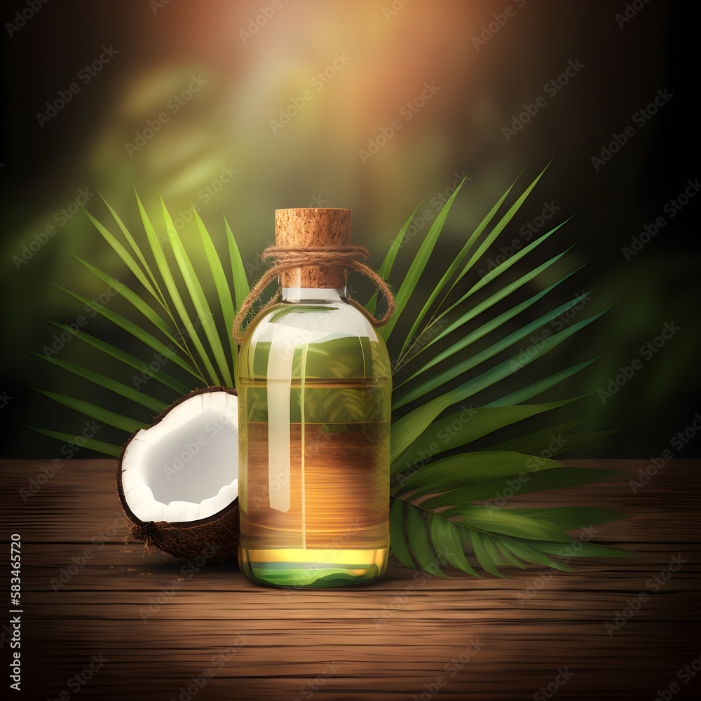 Bottle of coconut oil and coconuts on a background of green palm leaves.Ai generative Bottle of coconut oil and coconuts on a background of green palm leaves.Ai generative