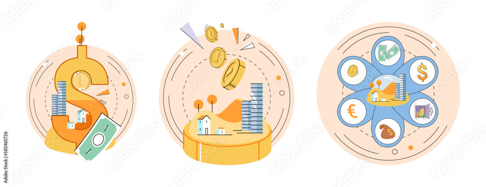 Money sign, savings, cost of goods or services. Dollars and gold coins stack. Wealth and banking. Cash, ready money, active income, salary, profit received from earnings from capital investments Money sign, savings, cost of goods or services. Dollars and gold coins stack. Wealth and banking. Cash, ready money, active income, salary, profit received from earnings from capital investments