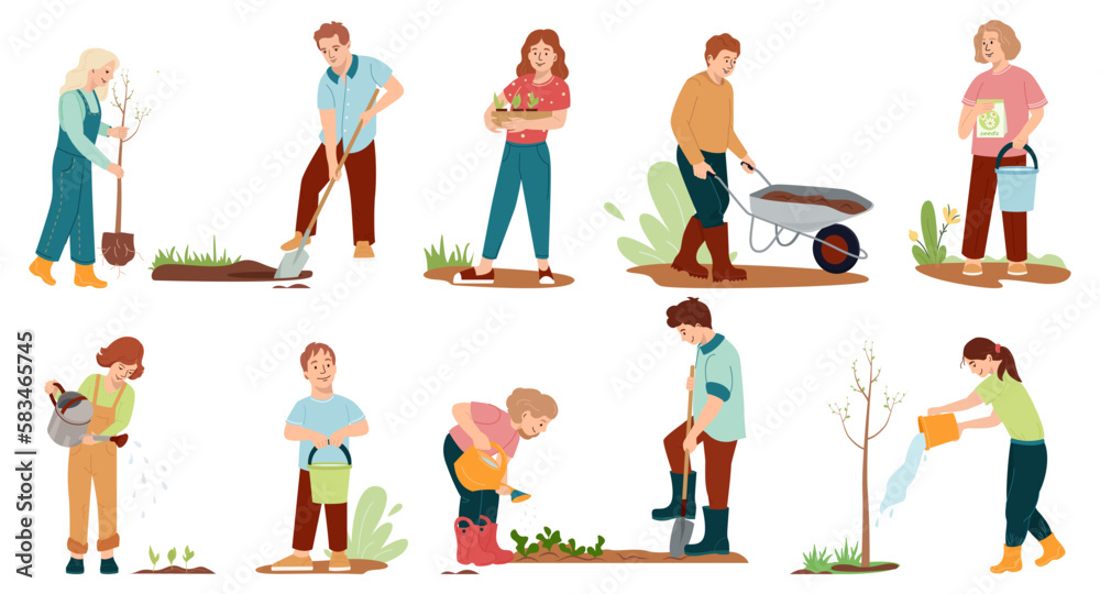 Set of kids gardening vector illustration Garden work collection with happy friends children characters for nature care volunteering concepts Youth work together for a better environment