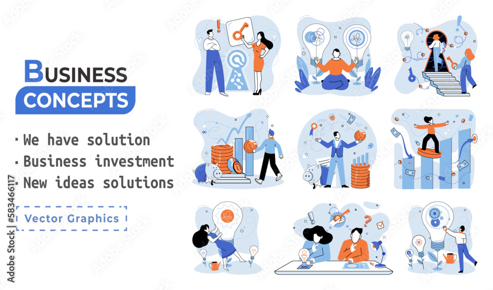 Fototapeta premium We have solution metaphor, business investment, new ideas solution scenes set. Teamwork and brainstorming. Team and new startup. Leadership and financial activities. Concept joint search for new ideas