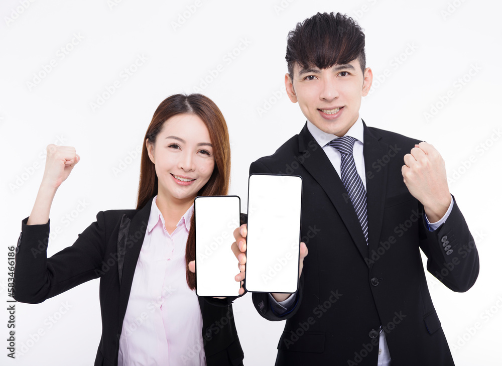 Business man and woman showing the smartphone with white screen Business man and woman showing the smartphone with white screen