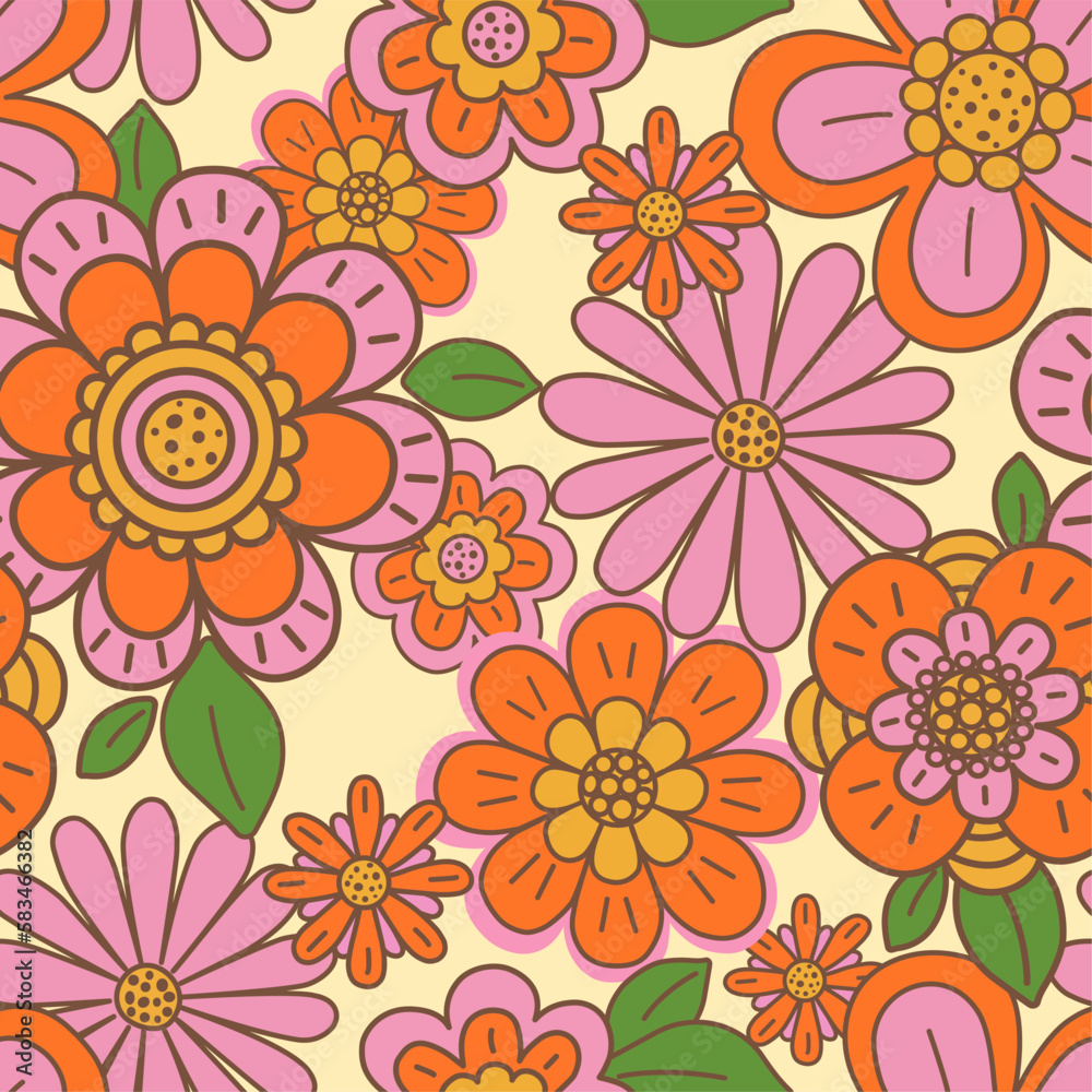 1970 Boho Vector Background. Colorful Floral Seamless Pattern. Groovy Daisy Pattern, hippie aesthetic.  Psychedelic folk Wallpaper, Fabric, Wrapping paper, Tee shirt. Retro ethnic ornament.
