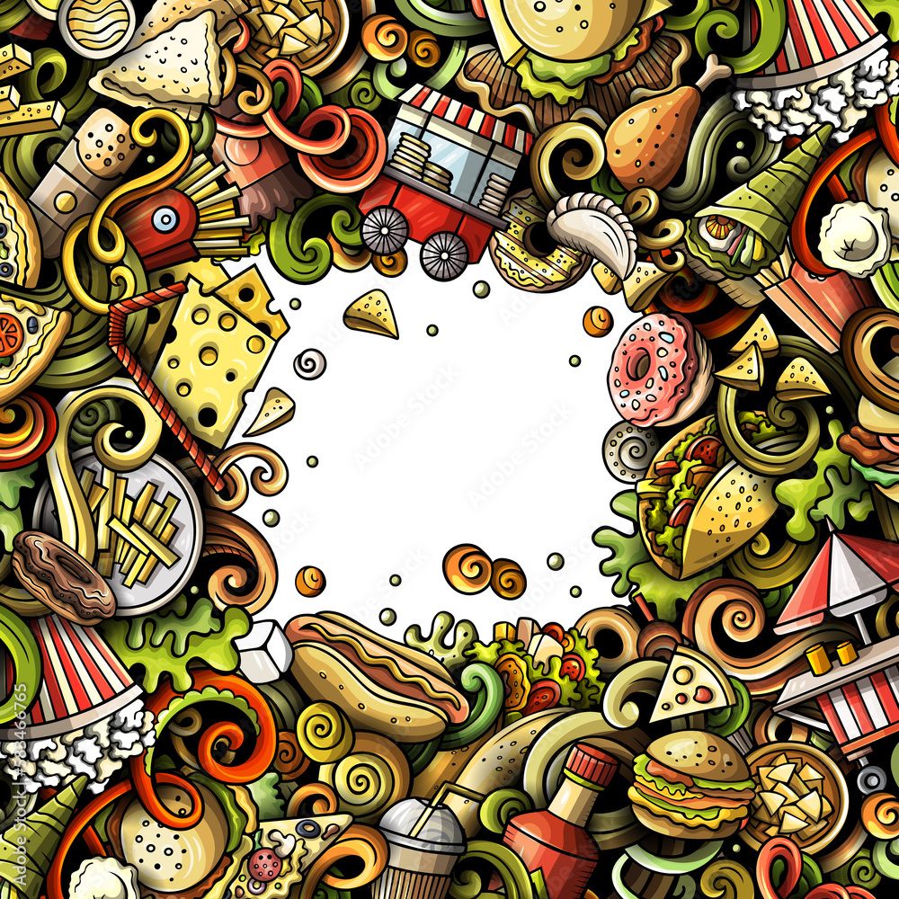 Fototapeta premium Fastfood detailed cartoon border illustration