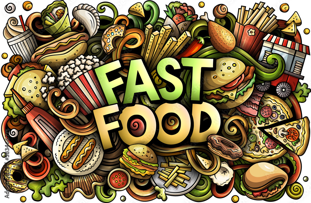 Fastfood detailed lettering cartoon illustration