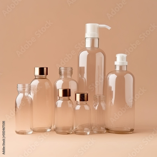 Empty Cosmetic Bottles. Illustration AI Generative.