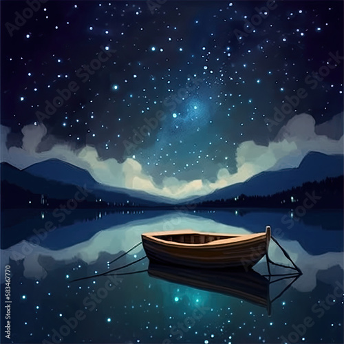 Boat on the Lake of the starry night. Illustration AI Generative.