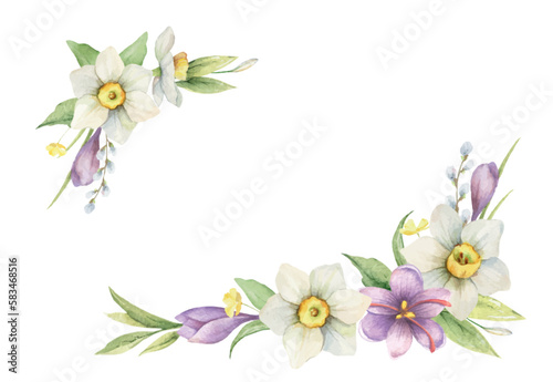 Watercolor vector floral wreath with flowers, branches and leaves.